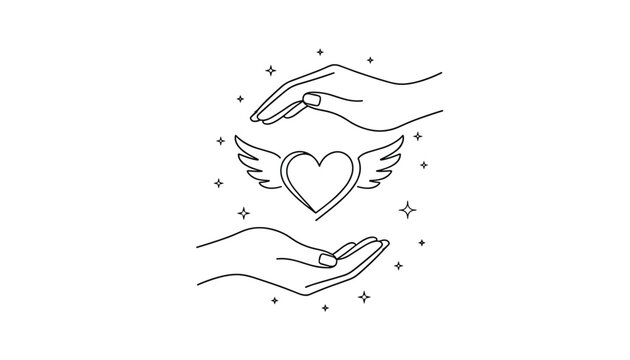 Delicate line art illustration of two protective hands surrounding a beautiful winged heart surrounded by stars.