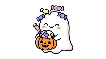 Fototapeta premium Cute ghost holding a pumpkin bucket with halloween candy