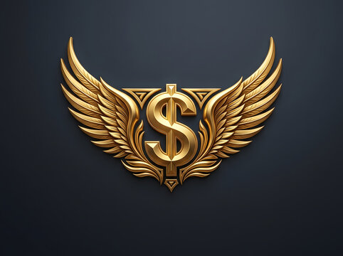 Golden dollar sign emblem with elegant wings on dark background symbolizing financial success wealth prosperity and high earnings.