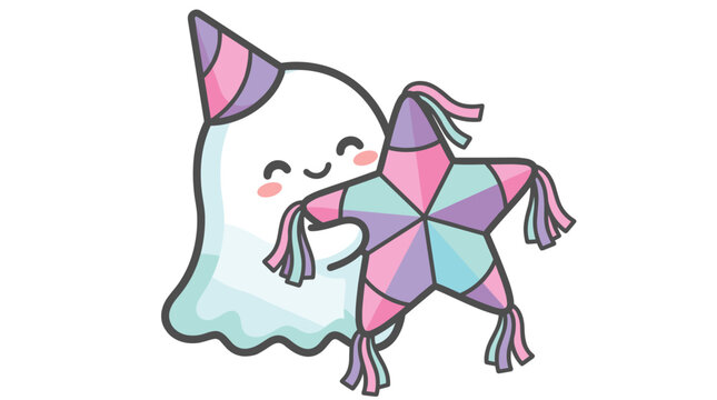 Cute ghost wearing party hat holding star pinata illustration