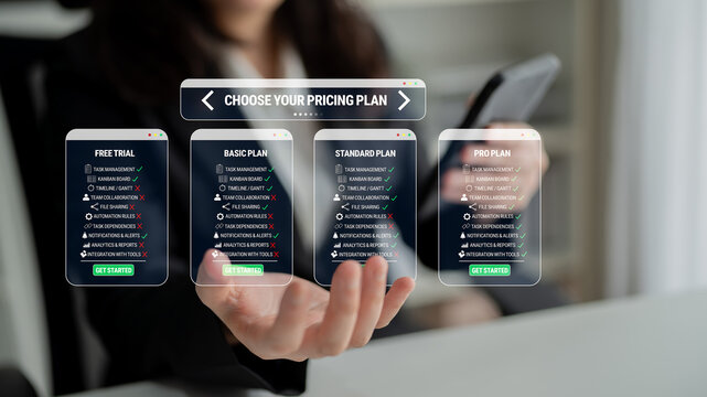 Woman holding smartphone while presenting transparent pricing plans with options for free trial, basic plan, standard plan, and pro plan on a digital interface Quark.
