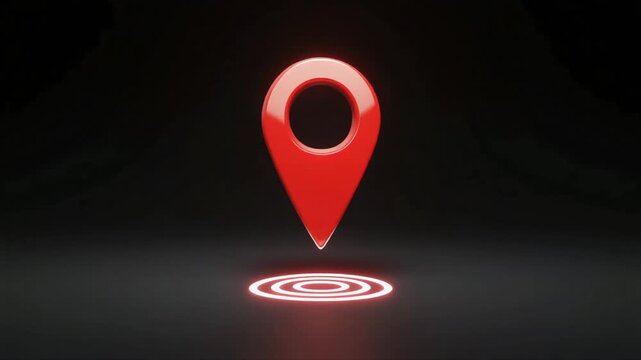 Red map pin icon with target glow effect on dark background