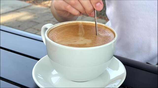 Adult woman stirring foamy coffee while seated at an outdoor cafe, relaxing break, coffee enjoyment, casual lifestyle, cafe experience.