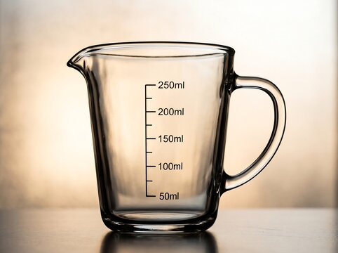 Empty glass measuring cup with metric scale markings