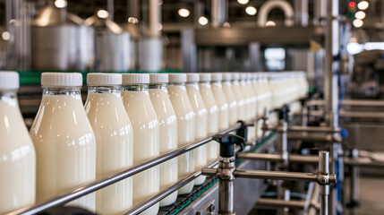 Fototapeta premium Fresh milk bottles on conveyor belt in dairy plant, modern production line with glass bottle and sterile machine