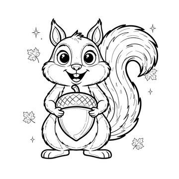 Cute little squirrel holding a large acorn for a fun coloring page activity for children