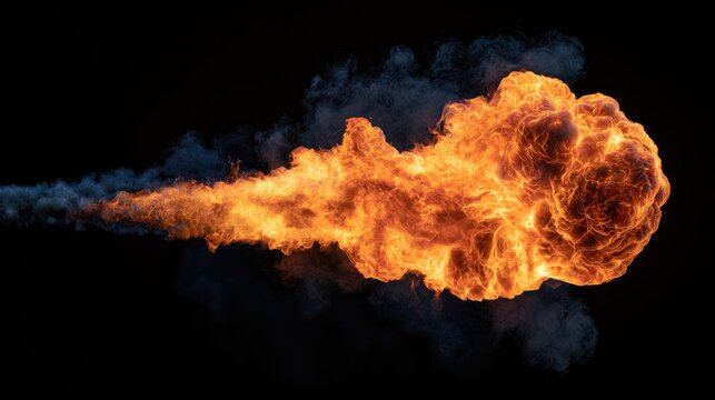 Fiery fireball explosion with dynamic flame trail on black background.