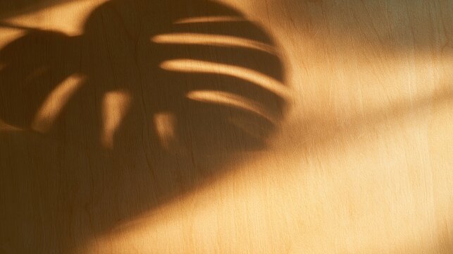 Abstract shadow of monstera leaves on a warm golden textured background.