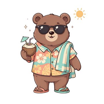 Cute cartoon brown bear wearing tropical shirt and sunglasses holding a coconut drink during summer vacation