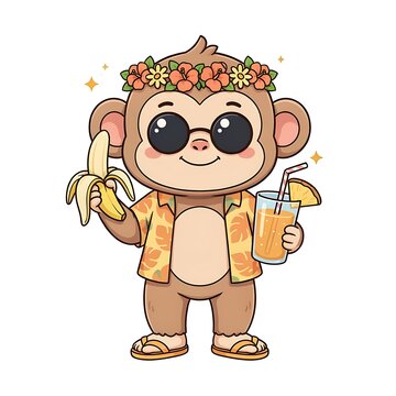 Cute cartoon monkey character wearing hawaiian shirt and flower crown holding tropical drink and banana on isolated background