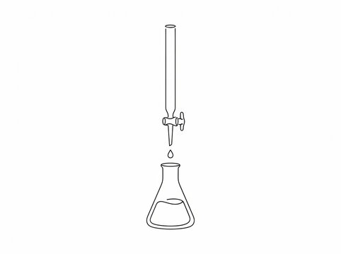 Continuous line art illustration shows burette precisely dripping chemical liquid into erlenmeyer flask, demonstrating titration experiment for scientific educational purposes.