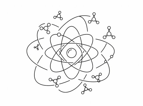 Minimalist outline illustration depicting an intricate atomic structure with orbiting electrons and surrounding molecules, conceptualizing scientific principles for educational resources.