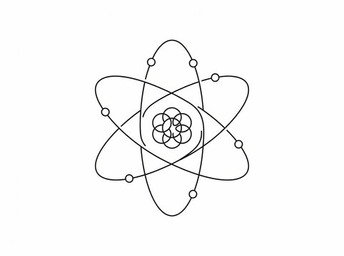 A simple black line art graphic clearly illustrating an atomic structure with electrons orbiting a central nucleus, ideal for scientific education and professional presentations.