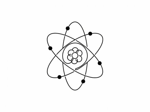 A precise minimalist line art illustration featuring an atomic structure model with electrons orbiting a central nucleus, isolated on a white background for scientific education and discovery.