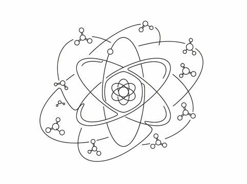 A precise atomic structure conceptualized with orbiting electrons, surrounded by distinct molecular clusters, depicted as a minimalist black-and-white line illustration for academic design projects.