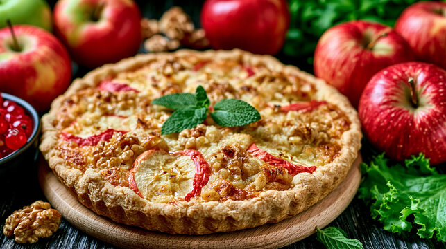 Freshly baked pie on a wooden board surrounded by ripe red apples and walnuts with pie crust