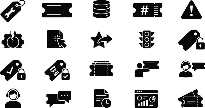 Set of customer support and ticketing system icons featuring tags, tickets, headsets, and data analytics symbols