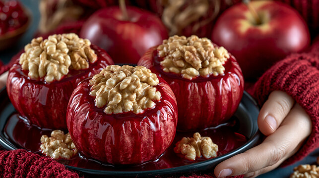 Baked apples stuffed with walnuts and syrup served on a dark plate baked walnut stuffing