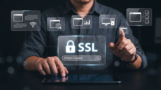Businessman holding a tablet with SSL security certificate and web icons