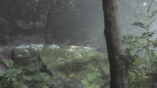 A large rock with green moss sits among trees and plants. The area is covered in fog. It is early morning and the sunlight filters through branches.
