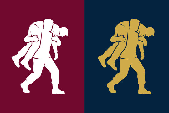 Rescuer carrying an injured person silhouette vector in white and gold options, perfect for emergency aid logos, military rescue themes, and care branding.
