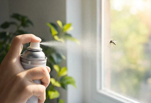 Hand spraying aerosol insecticide toward a mosquito indoors near a sunlit window, highlighting household pest control, insect prevention, hygiene, protection, and disease awareness.