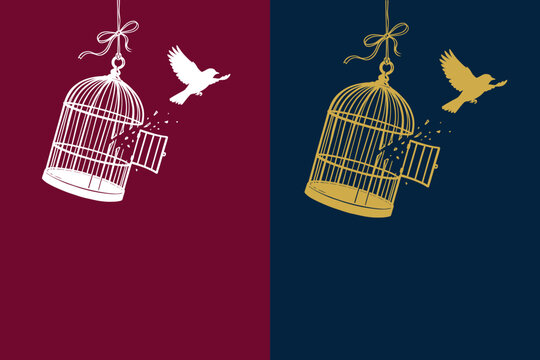 Bird escaping from an open cage vector illustration in white and gold styles, representing freedom, hope, liberation, and new beginnings.