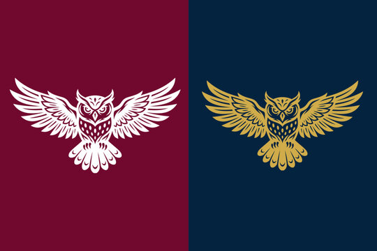 Flying owl with spread wings vector silhouette in white and gold options, perfect for wisdom logos, mascot emblems, educational branding, and crest designs.