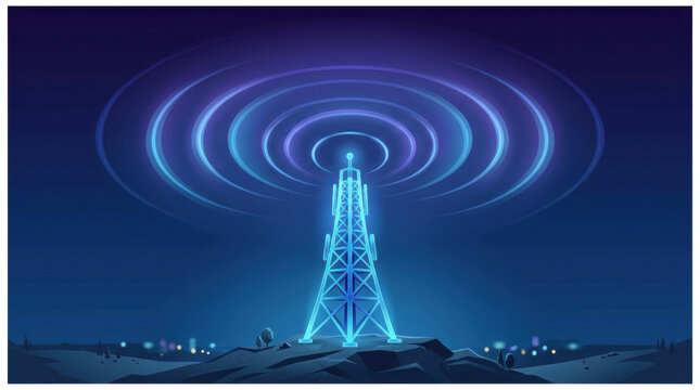 Glowing neon cell tower emitting wireless signal waves at night. 5G network communication technology concept. Telecommunication antenna broadcasting radio frequency signal.