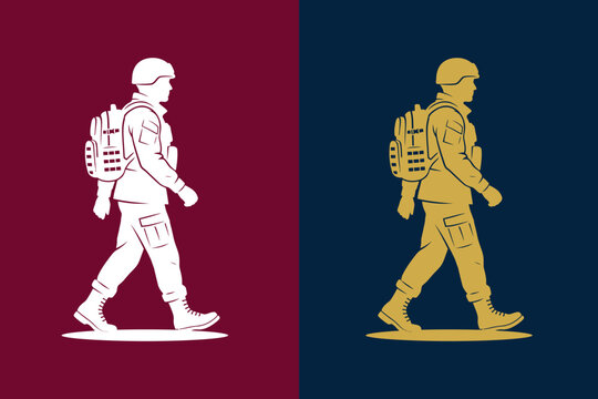 Walking soldier carrying a backpack vector silhouette in white and gold options, perfect for military graphics, security logos, and patriotic honor designs.