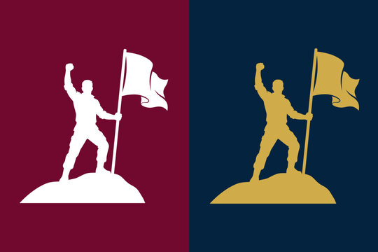 Man raising fist holding flag on mountain peak silhouette vector, white and gold options, ideal for achievement, victory, leadership, and success branding.