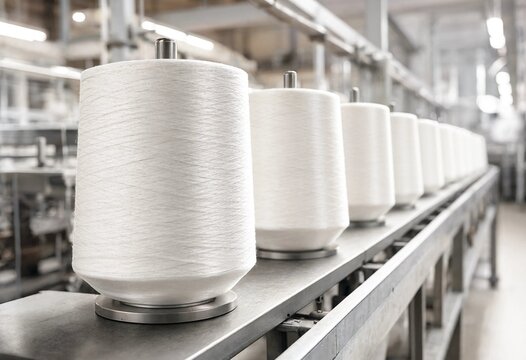 Close-up of white cotton yarn spools on an industrial spinning machine inside a modern textile factory, highlighting textile manufacturing, clean production, machinery, and fiber texture.