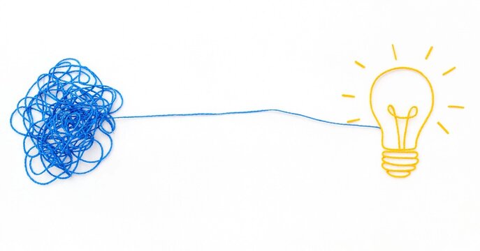 Minimalist conceptual artwork showing a tangled blue string transforming into a straight path toward a yellow light bulb, symbolizing clarity, ideas, creativity, and solutions.