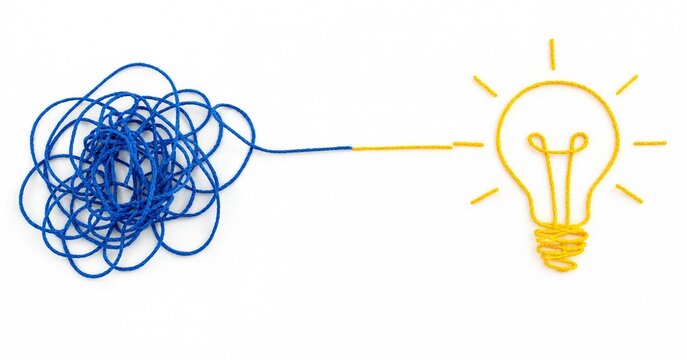 Minimalist conceptual artwork showing a tangled blue string transforming into a straight path toward a yellow light bulb, symbolizing clarity, ideas, creativity, and solutions.