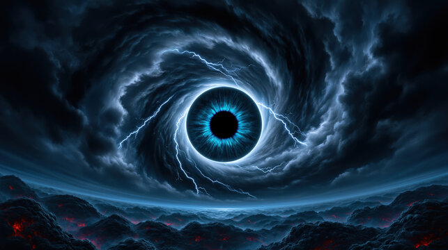 Storm eye vortex sky, blue eye in dark cloud over mountain landscape, fantasy realm, lightning, dramatic sky, surreal scene