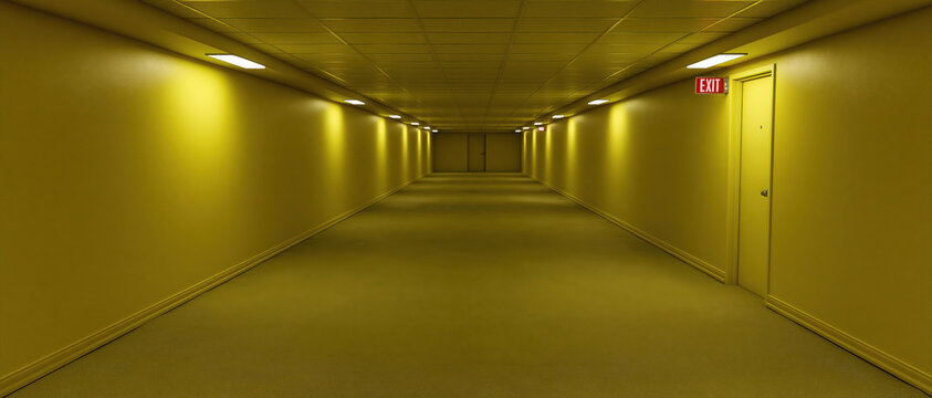 Eerie yellow hallway long corridor empty interior fluorescent light liminal space abandoned building perspective view carpet floor door exit sign unsettling atmosphere empty room indoor passage