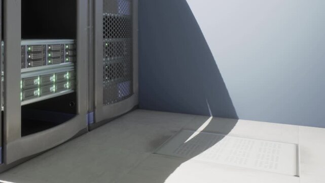 A corner of a data center shows several server racks. Light from the afternoon sun creates a shadow on the floor. The area looks organized and equipped for technology tasks.