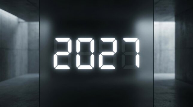 Glowing Digital 2027 Display in Dark Futuristic Interior