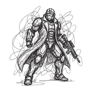 Expressive gestural sketch of a futuristic soldier in armor with a rifle, abstract scribble style character design on white background