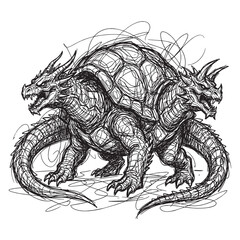 Fototapeta premium Abstract sketch of a mythical two-headed dragon turtle monster, gestural scribble illustration with expressive line art on white background.