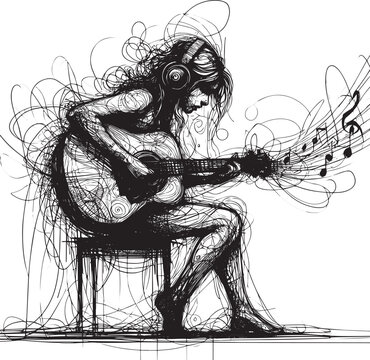 Expressive ink line drawing of a musician playing guitar with mu