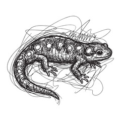 Fototapeta premium Abstract gestural scribble sketch of a spotted salamander, expressive hand drawn reptile illustration on white background