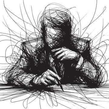 Abstract sketch of a seated figure in black lines on a white bac