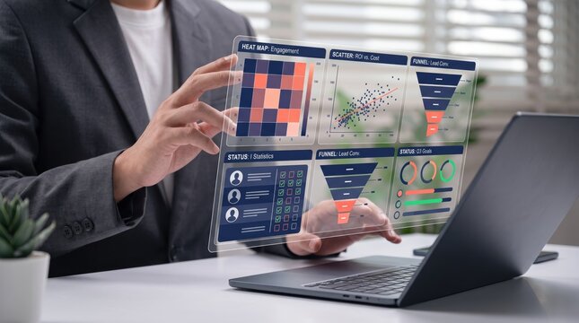 Businessman interacting with floating transparent holographic dashboard interface above laptop keyboard, displaying heat map, scatter plot, funnel chart, and status statistics