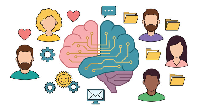 Social brain networking and diverse people avatars flat vector illustration for community management and behavioral psychology