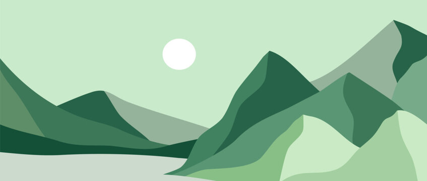 Landscape mountains with line art texture. Geometric landscape background in Flat style. mountains, river, hills and forest. use for print art, poster, cover and banner