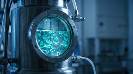 Fototapeta premium Steel bioreactor with glowing turquoise bacteria culture through porthole window. Biotechnology fermentation in laboratory. Pharmaceutical production and science research concept.