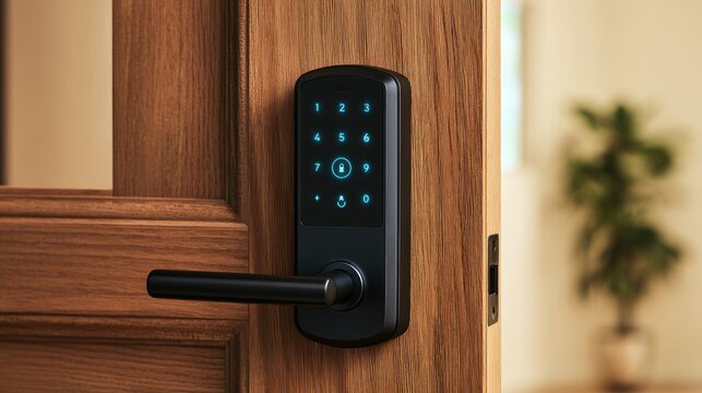 Modern electronic smart door lock with keypad on wooden door.