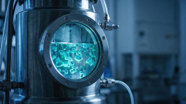 Steel bioreactor with glowing turquoise bacteria culture through porthole window. Biotechnology fermentation in laboratory. Pharmaceutical production and science research concept.