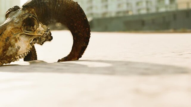 A weathered animal skull rests on the sand of a beach. Tall buildings can be seen in the background. The scene shows a clear sky with no people around.